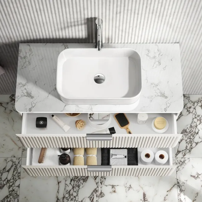 Cadiz Fluted Linen White Wall Hung Drawer Vanity with Marble Top & Marin Basin 1000mm - Chrome Handles