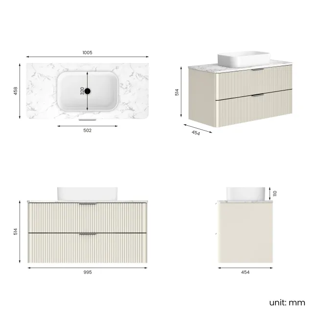 Cadiz Fluted Linen White Wall Hung Drawer Vanity with Marble Top & Marin Basin 1000mm - Chrome Handles