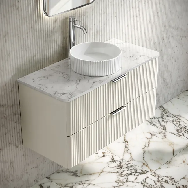 Cadiz Fluted Linen White Wall Hung Drawer Vanity with Marble Top & Nevis Basin 1000mm - Chrome Handles