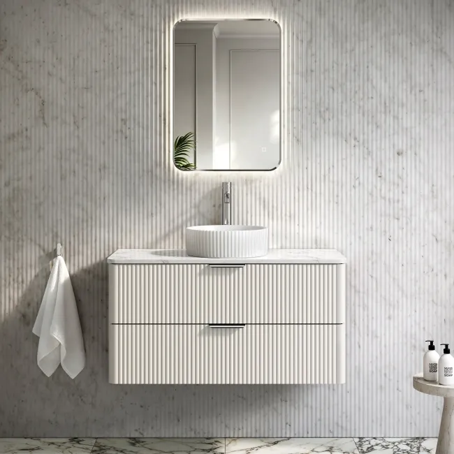 Cadiz Fluted Linen White Wall Hung Drawer Vanity with Marble Top & Nevis Basin 1000mm - Chrome Handles