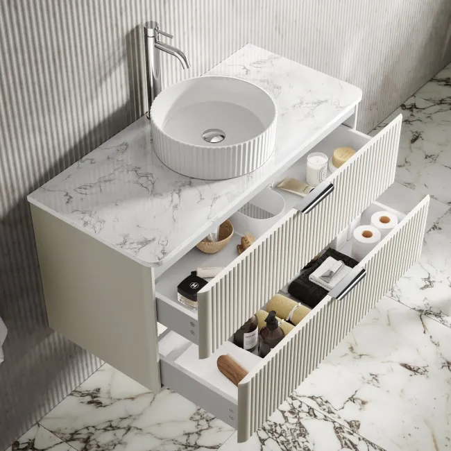 Cadiz Fluted Linen White Wall Hung Drawer Vanity with Marble Top & Nevis Basin 1000mm - Chrome Handles