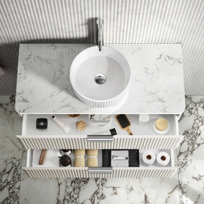 Cadiz Fluted Linen White Wall Hung Drawer Vanity with Marble Top & Nevis Basin 1000mm - Chrome Handles