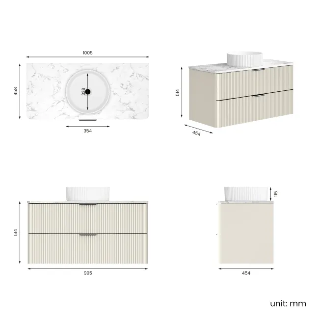 Cadiz Fluted Linen White Wall Hung Drawer Vanity with Marble Top & Nevis Basin 1000mm - Chrome Handles