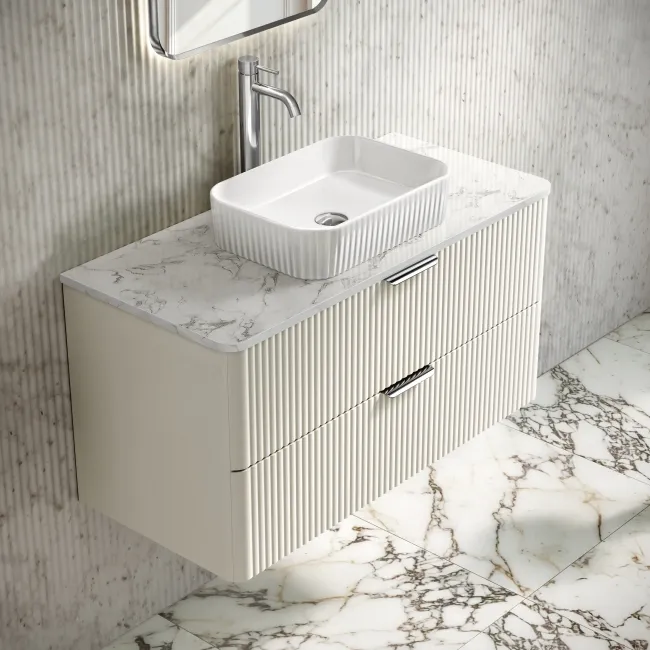 Cadiz Fluted Linen White Wall Hung Drawer Vanity with Marble Top & Reno Basin 1000mm - Chrome Handles