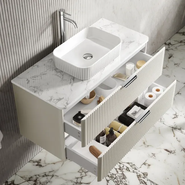 Cadiz Fluted Linen White Wall Hung Drawer Vanity with Marble Top & Reno Basin 1000mm - Chrome Handles