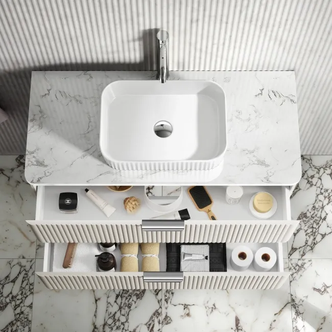 Cadiz Fluted Linen White Wall Hung Drawer Vanity with Marble Top & Reno Basin 1000mm - Chrome Handles