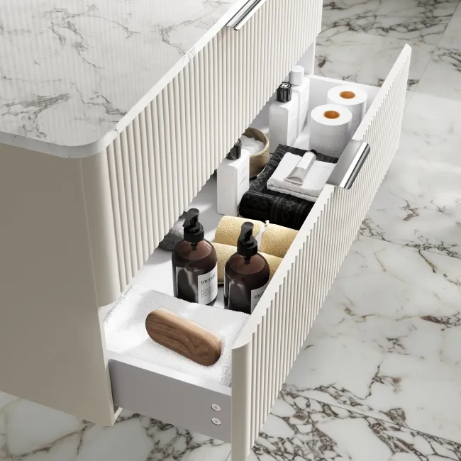 Cadiz Fluted Linen White Wall Hung Drawer Vanity with Marble Top & Reno Basin 1000mm - Chrome Handles
