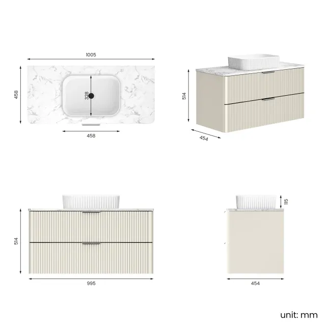 Cadiz Fluted Linen White Wall Hung Drawer Vanity with Marble Top & Reno Basin 1000mm - Chrome Handles