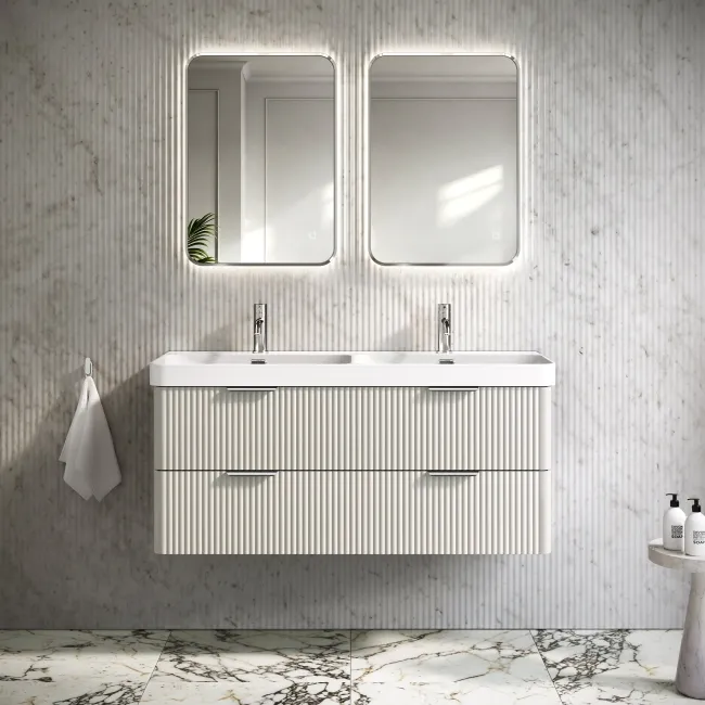 Cadiz Fluted Linen White Wall Hung Double Basin Drawer Vanity 1200mm - Chrome Handles