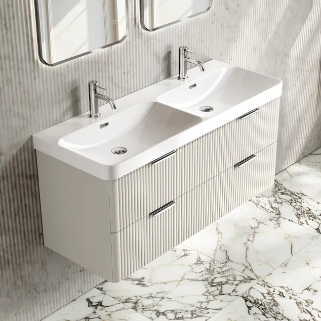 Cadiz Fluted Linen White Wall Hung Double Basin Drawer Vanity 1200mm - Chrome Handles