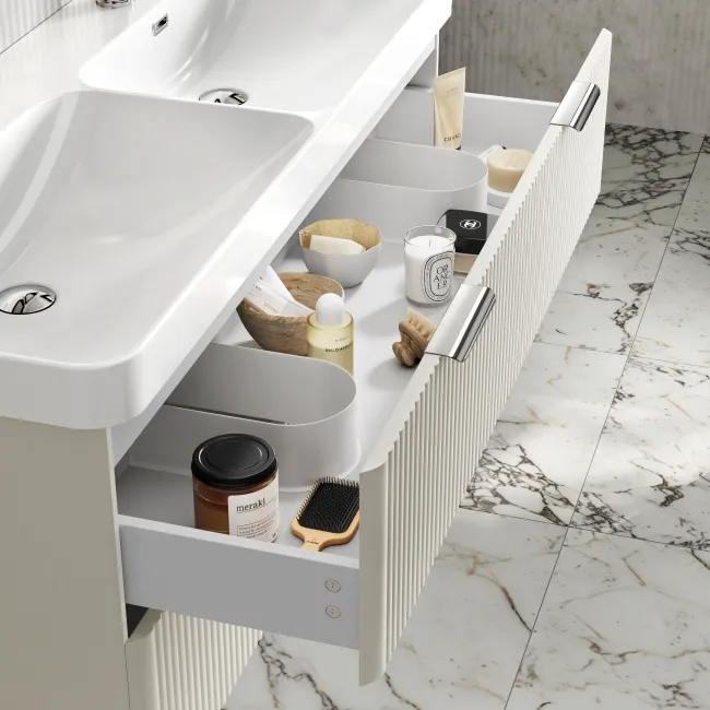 Cadiz Fluted Linen White Wall Hung Double Basin Drawer Vanity 1200mm - Chrome Handles