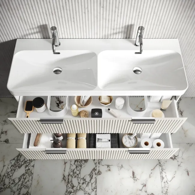 Cadiz Fluted Linen White Wall Hung Double Basin Drawer Vanity 1200mm - Chrome Handles