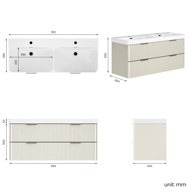 Cadiz Fluted Linen White Wall Hung Double Basin Drawer Vanity 1200mm - Chrome Handles