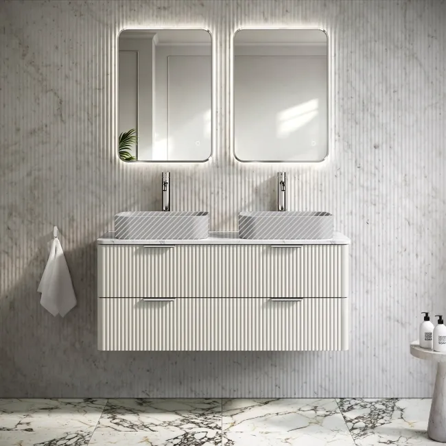 Cadiz Fluted Linen White Double Wall Hung Drawer Vanity with Marble Top 1200mm (Excludes Basin) - Chrome Handles