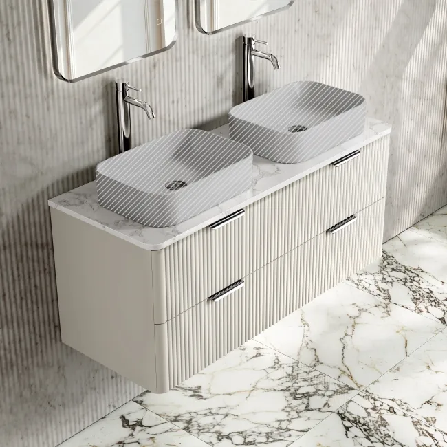 Cadiz Fluted Linen White Double Wall Hung Drawer Vanity with Marble Top 1200mm (Excludes Basin) - Chrome Handles