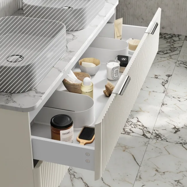 Cadiz Fluted Linen White Double Wall Hung Drawer Vanity with Marble Top 1200mm (Excludes Basin) - Chrome Handles