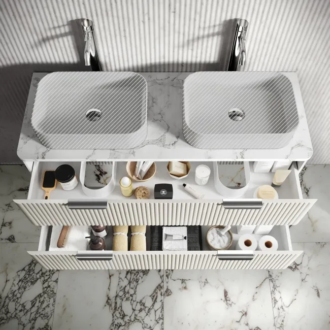 Cadiz Fluted Linen White Double Wall Hung Drawer Vanity with Marble Top 1200mm (Excludes Basin) - Chrome Handles