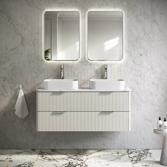 Cadiz Fluted Linen White Double Wall Hung Drawer Vanity with Marble Top & Marin Basin 1200mm - Chrome Handles