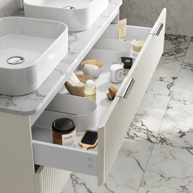 Cadiz Fluted Linen White Double Wall Hung Drawer Vanity with Marble Top & Marin Basin 1200mm - Chrome Handles