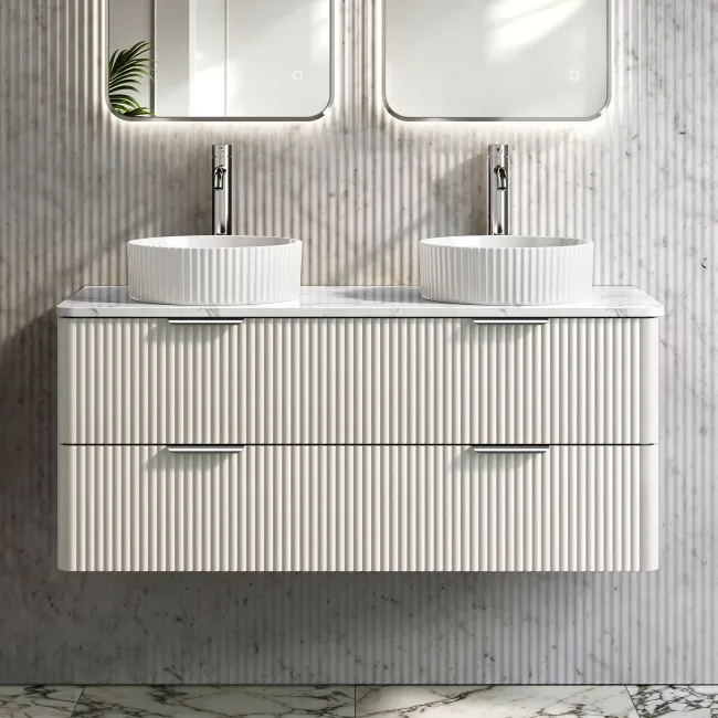 Cadiz Fluted Linen White Double Wall Hung Drawer Vanity with Marble Top & Nevis Basin 1200mm - Chrome Handles