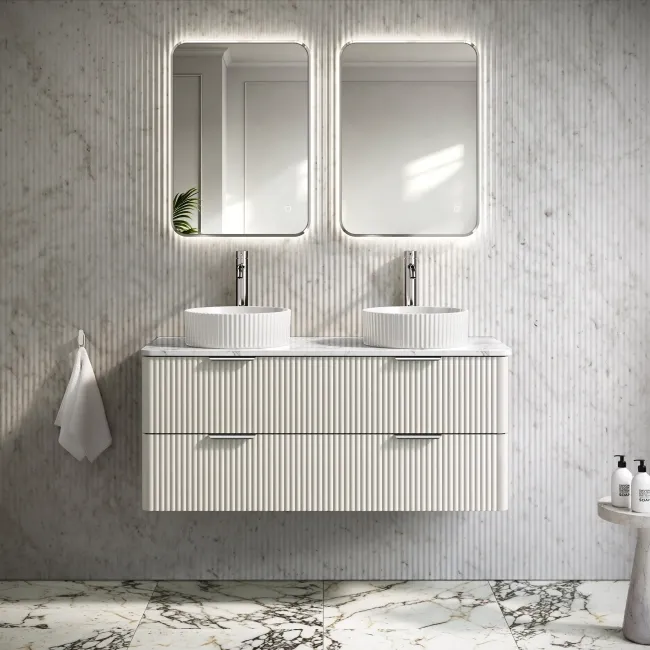 Cadiz Fluted Linen White Double Wall Hung Drawer Vanity with Marble Top & Nevis Basin 1200mm - Chrome Handles
