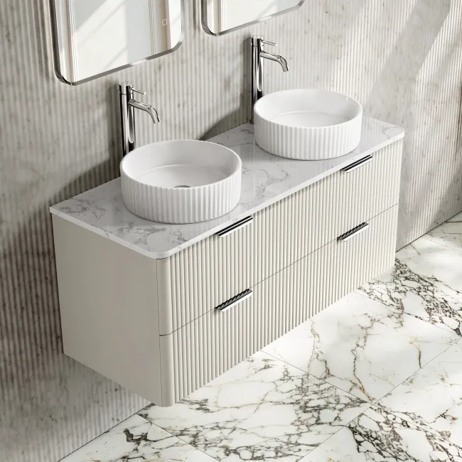 Cadiz Fluted Linen White Double Wall Hung Drawer Vanity with Marble Top & Nevis Basin 1200mm - Chrome Handles