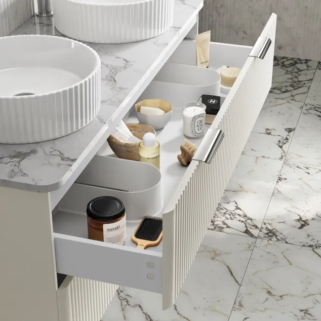 Cadiz Fluted Linen White Double Wall Hung Drawer Vanity with Marble Top & Nevis Basin 1200mm - Chrome Handles