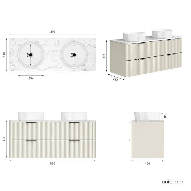 Cadiz Fluted Linen White Double Wall Hung Drawer Vanity with Marble Top & Nevis Basin 1200mm - Chrome Handles