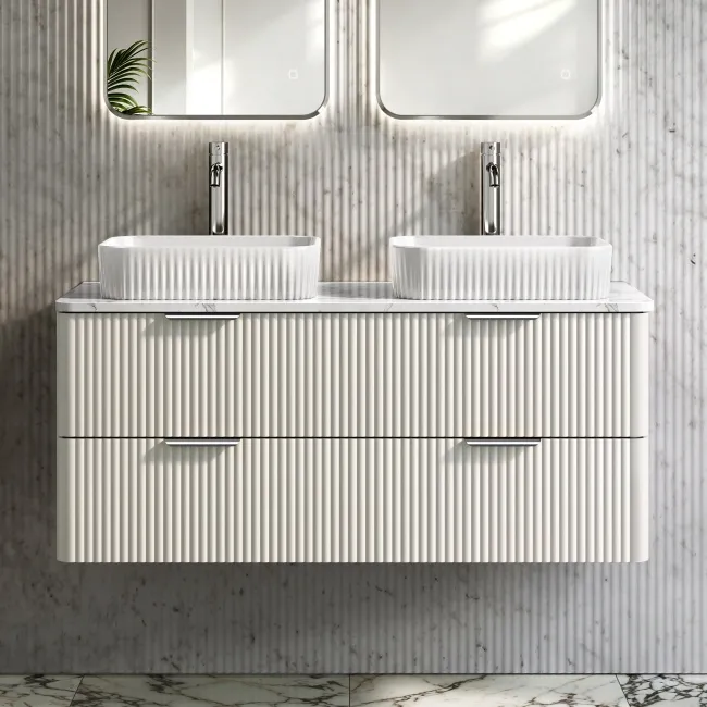 Cadiz Fluted Linen White Double Wall Hung Drawer Vanity with Marble Top & Reno Basin 1200mm - Chrome Handles