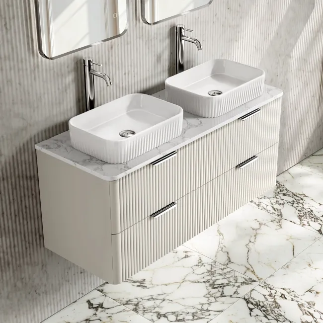 Cadiz Fluted Linen White Double Wall Hung Drawer Vanity with Marble Top & Reno Basin 1200mm - Chrome Handles