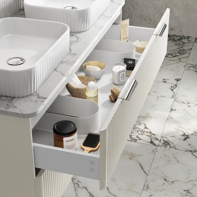 Cadiz Fluted Linen White Double Wall Hung Drawer Vanity with Marble Top & Reno Basin 1200mm - Chrome Handles