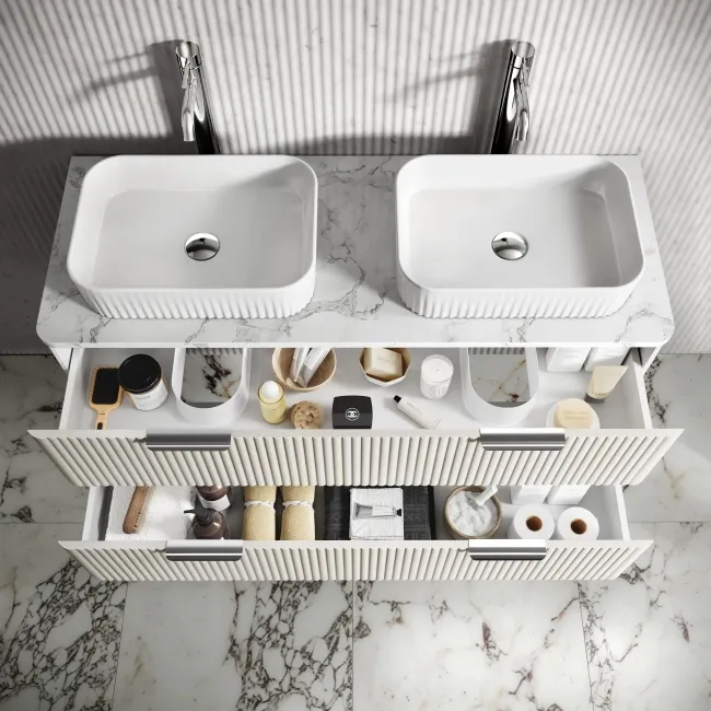 Cadiz Fluted Linen White Double Wall Hung Drawer Vanity with Marble Top & Reno Basin 1200mm - Chrome Handles