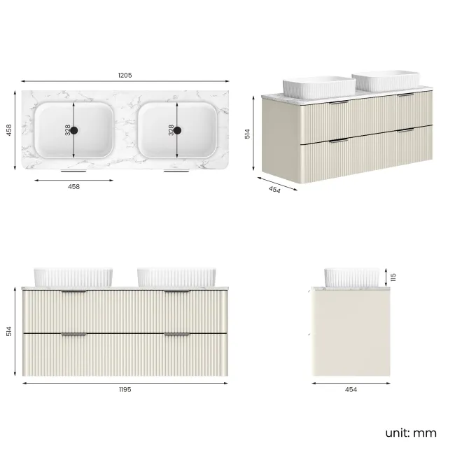 Cadiz Fluted Linen White Double Wall Hung Drawer Vanity with Marble Top & Reno Basin 1200mm - Chrome Handles