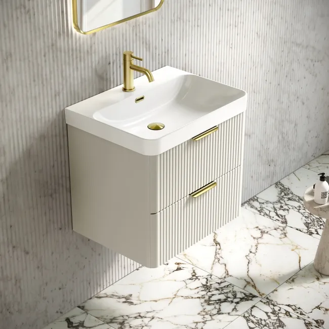 Cadiz Fluted Linen White Wall Hung Basin Drawer Vanity 600mm - Brushed Brass Accents