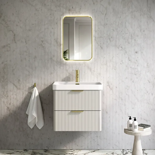 Cadiz Fluted Linen White Wall Hung Basin Drawer Vanity 600mm - Brushed Brass Accents