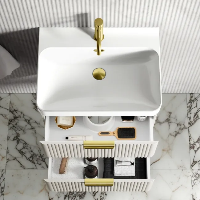 Cadiz Fluted Linen White Wall Hung Basin Drawer Vanity 600mm - Brushed Brass Accents