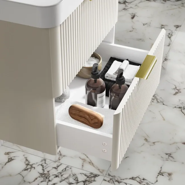Cadiz Fluted Linen White Wall Hung Basin Drawer Vanity 600mm - Brushed Brass Accents