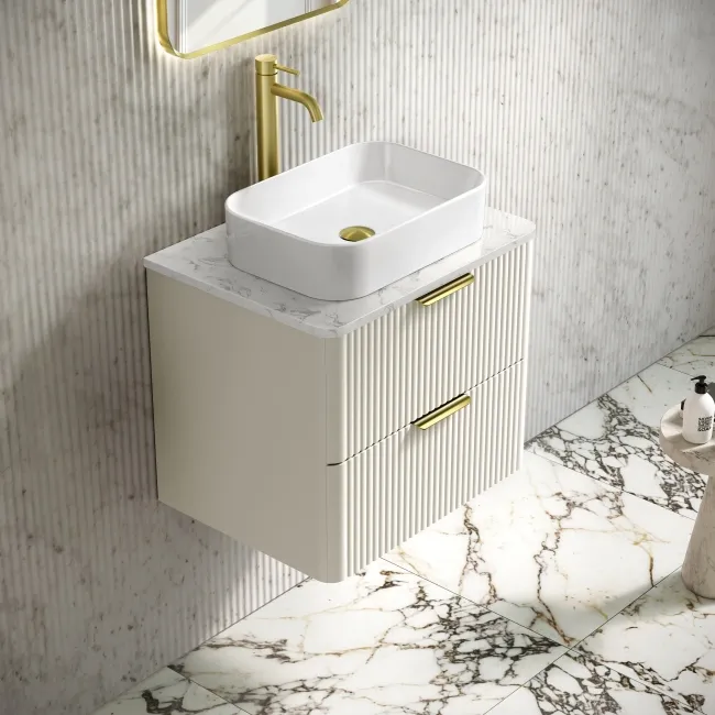Cadiz Fluted Linen White Wall Hung Drawer Vanity with Marble Top 600mm (Excludes Basin) - Brushed Brass Accents
