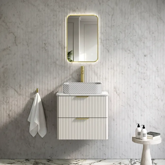 Cadiz Fluted Linen White Wall Hung Drawer Vanity with Marble Top 600mm (Excludes Basin) - Brushed Brass Accents