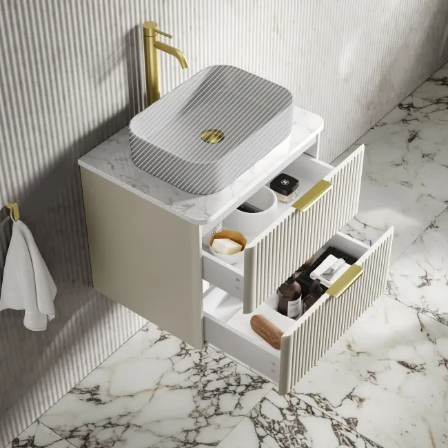 Cadiz Fluted Linen White Wall Hung Drawer Vanity with Marble Top 600mm (Excludes Basin) - Brushed Brass Accents