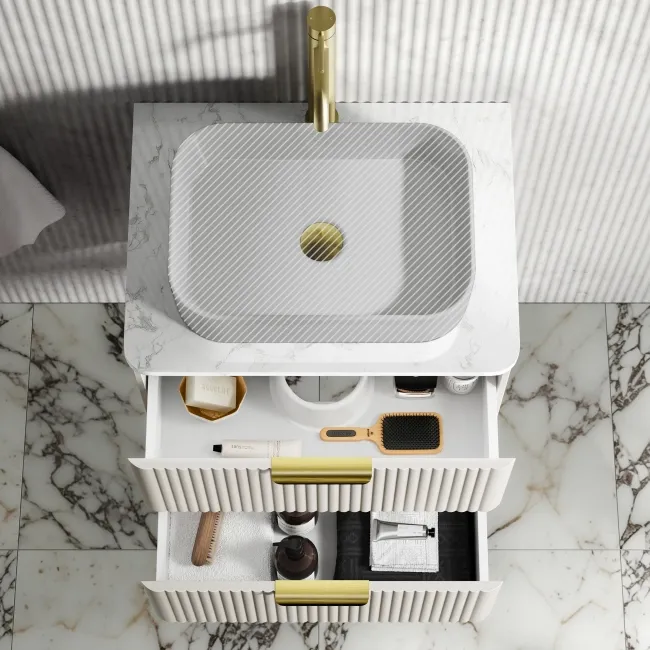 Cadiz Fluted Linen White Wall Hung Drawer Vanity with Marble Top 600mm (Excludes Basin) - Brushed Brass Accents