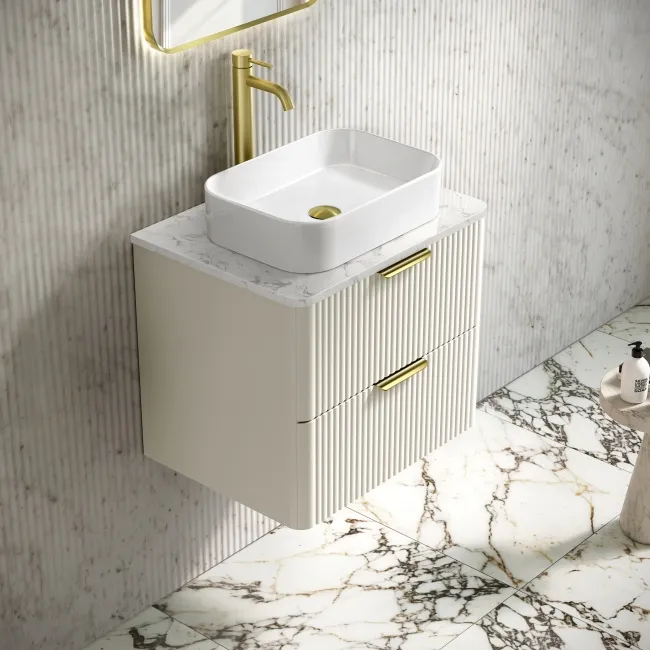 Cadiz Fluted Linen White Wall Hung Drawer Vanity with Marble Top & Marin Basin 600mm - Brushed Brass Accents