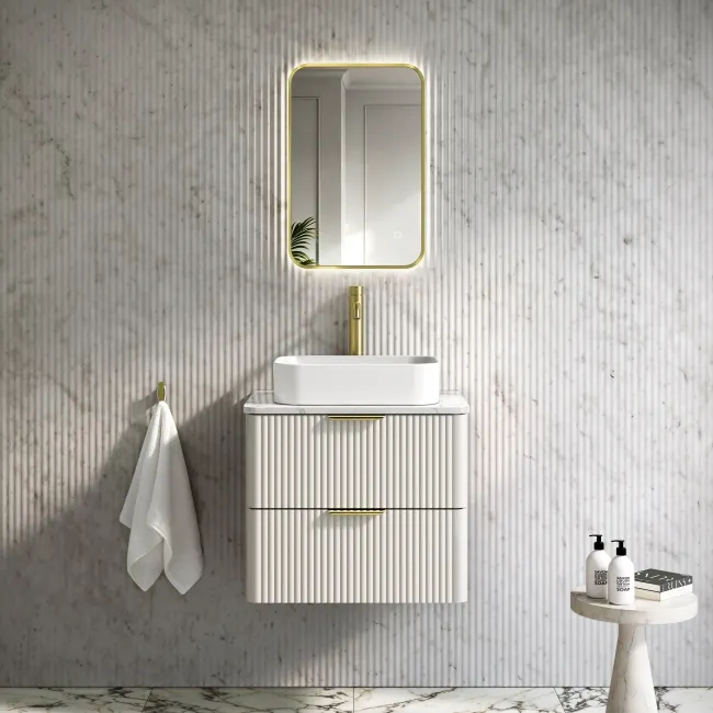 Cadiz Fluted Linen White Wall Hung Drawer Vanity with Marble Top & Marin Basin 600mm - Brushed Brass Accents
