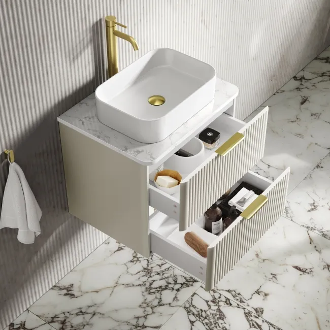 Cadiz Fluted Linen White Wall Hung Drawer Vanity with Marble Top & Marin Basin 600mm - Brushed Brass Accents