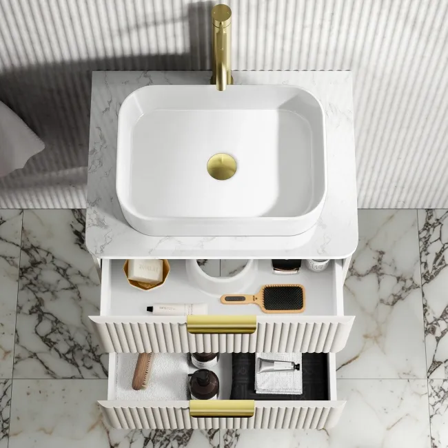 Cadiz Fluted Linen White Wall Hung Drawer Vanity with Marble Top & Marin Basin 600mm - Brushed Brass Accents