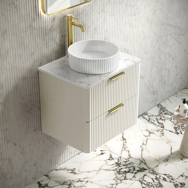 Cadiz Fluted Linen White Wall Hung Drawer Vanity with Marble Top & Nevis Basin 600mm - Brushed Brass Accents