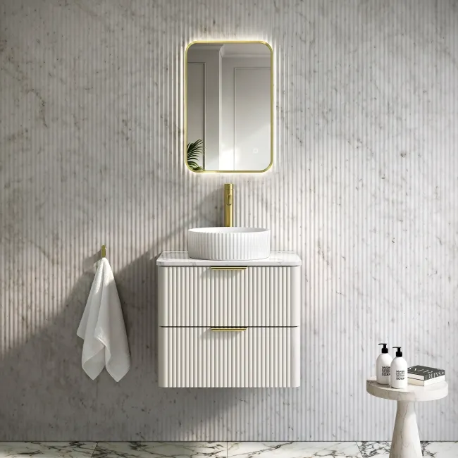 Cadiz Fluted Linen White Wall Hung Drawer Vanity with Marble Top & Nevis Basin 600mm - Brushed Brass Accents