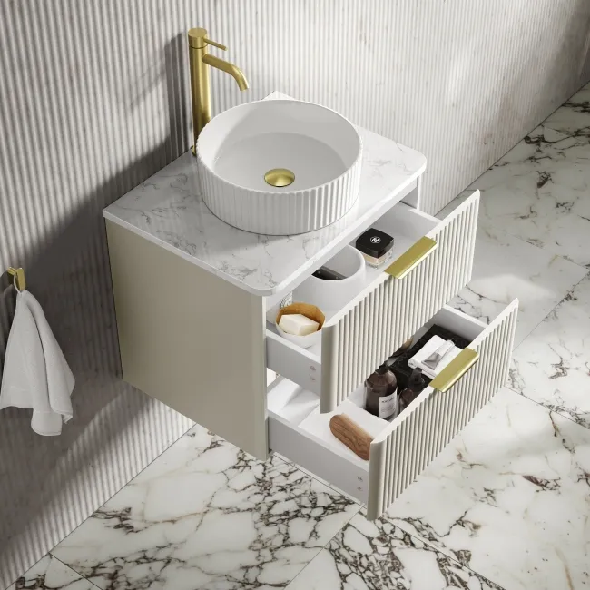 Cadiz Fluted Linen White Wall Hung Drawer Vanity with Marble Top & Nevis Basin 600mm - Brushed Brass Accents