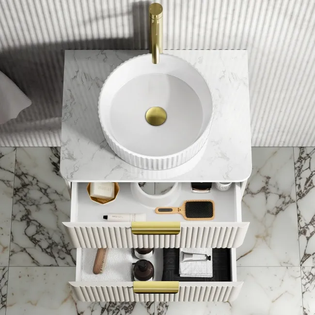 Cadiz Fluted Linen White Wall Hung Drawer Vanity with Marble Top & Nevis Basin 600mm - Brushed Brass Accents