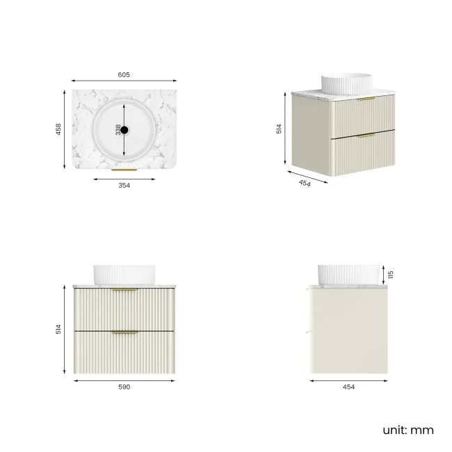 Cadiz Fluted Linen White Wall Hung Drawer Vanity with Marble Top & Nevis Basin 600mm - Brushed Brass Accents